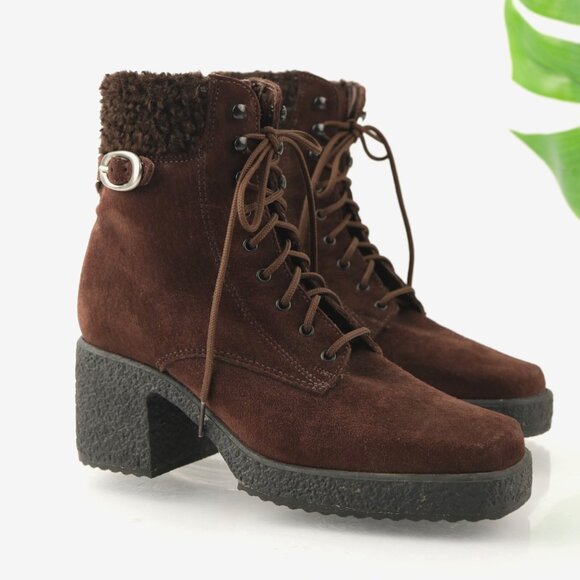 VTG Kamouraska Boot Size 6 Brown Suede Block Heel Lace Up Fur Collar Bootie - Picture 1 of 13